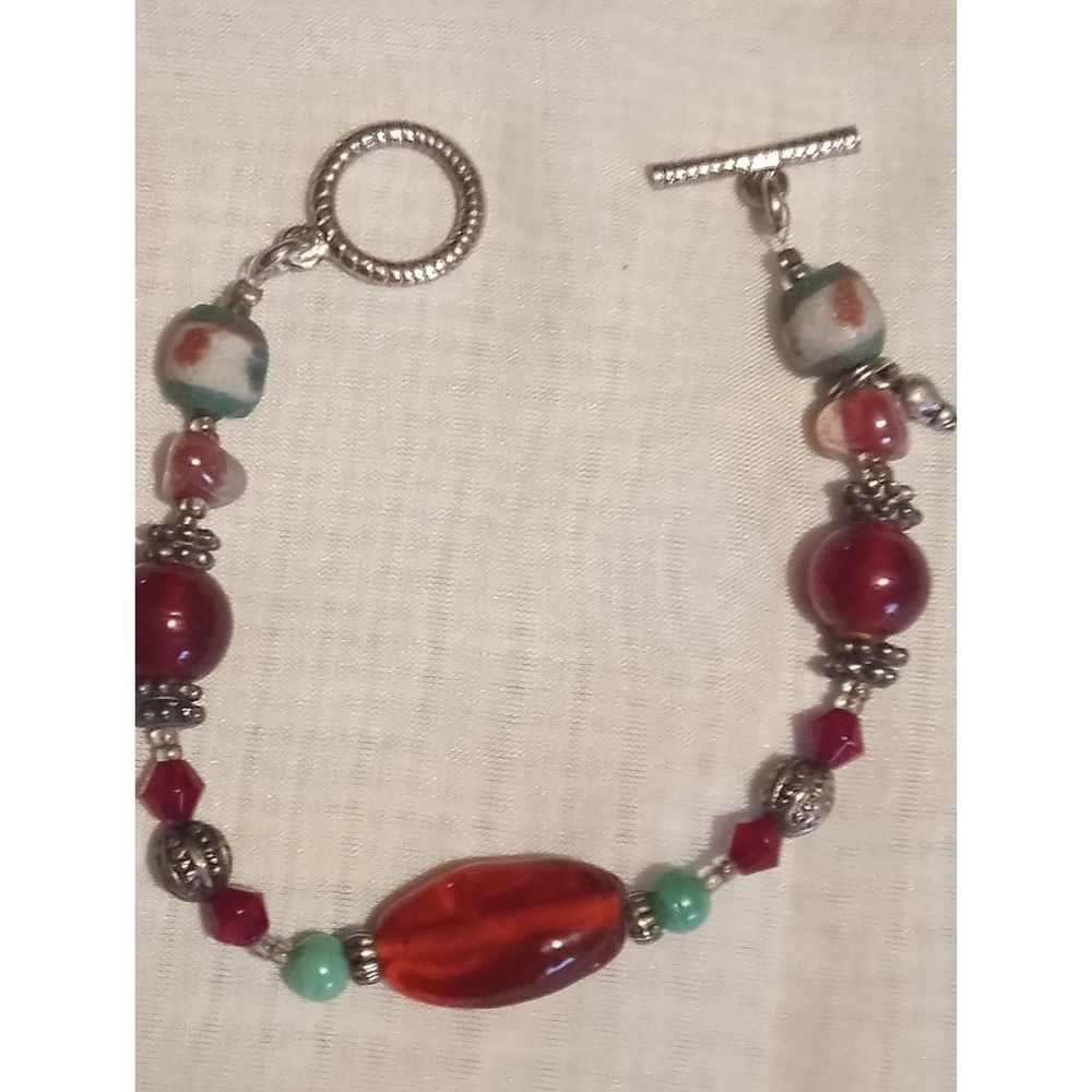 Red Glass & Malachite Beaded Toggle Bracelet